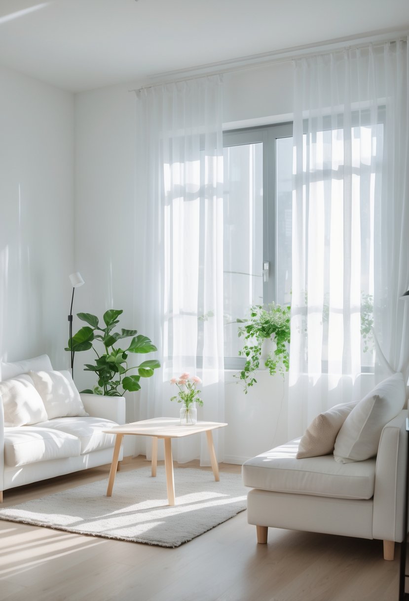 A small white living room filled with natural light coming through sheer white curtains, featuring a sofa, coffee table, and plants.