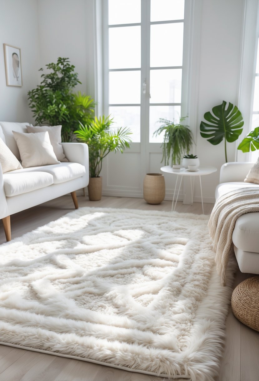 A small living room with white furniture and textured white rugs on the floor, illuminated by natural light from large windows.