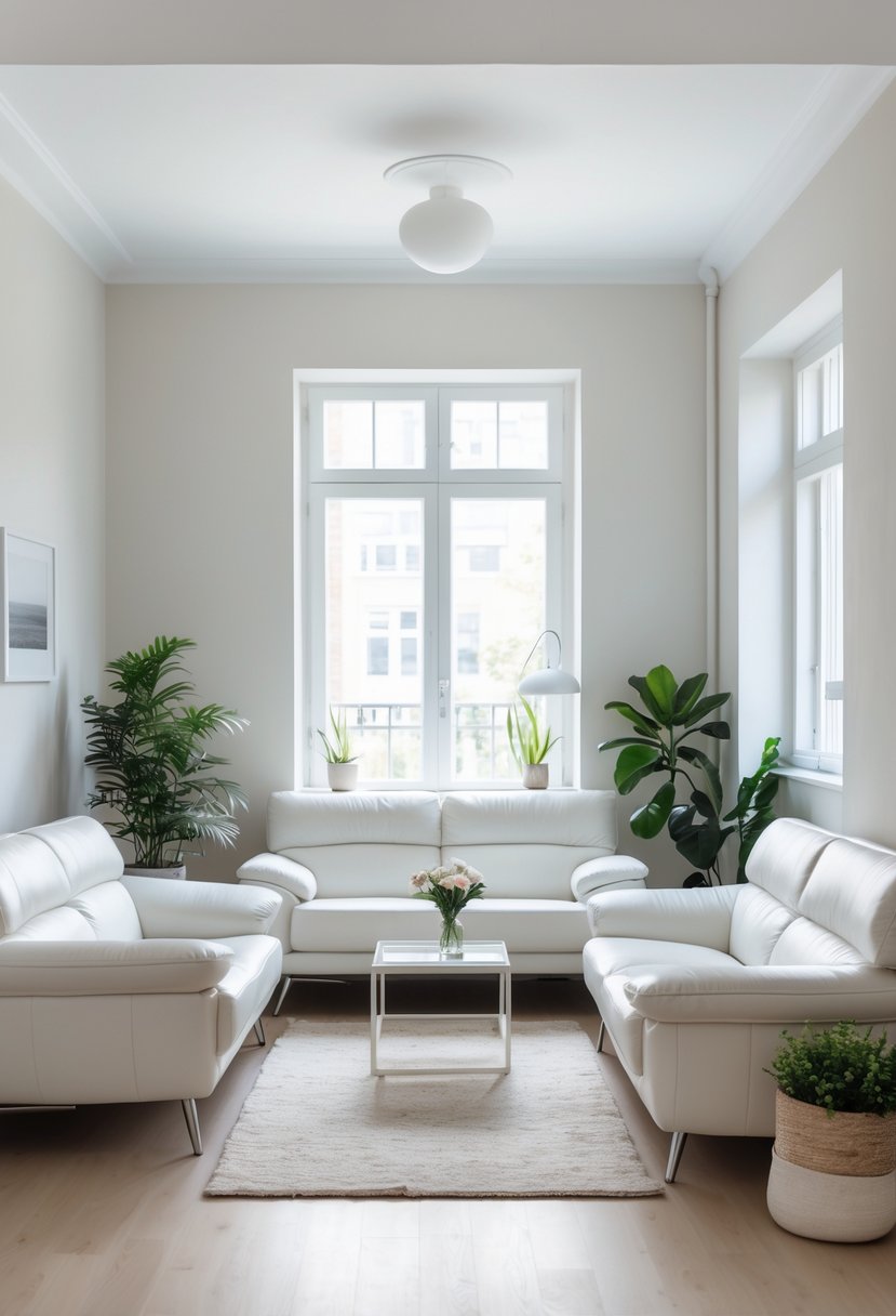 A small living room with white leather sofas, a coffee table, plants, and natural light coming through large windows.
