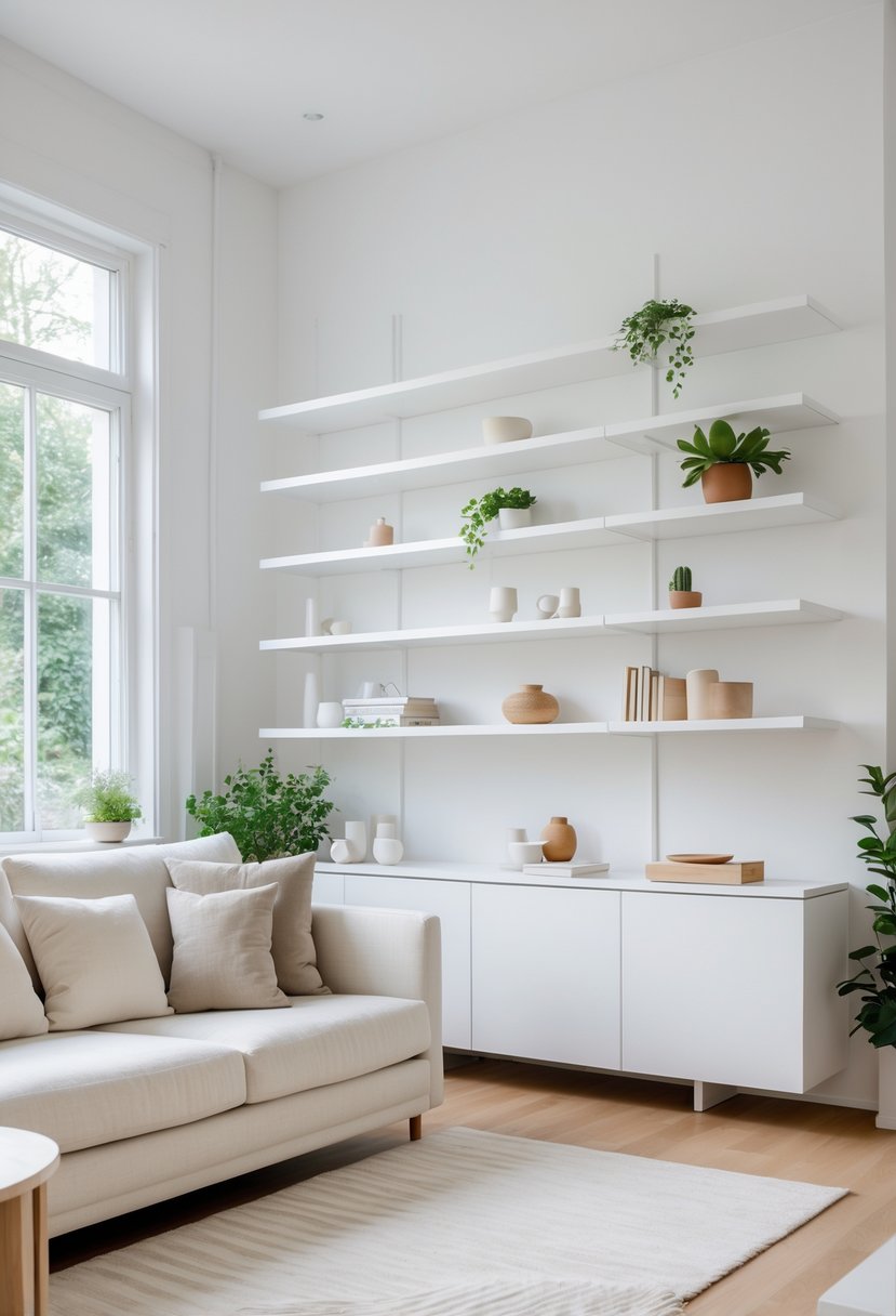 A small living room with white shelving units, a sofa, coffee table, and natural light coming through windows.