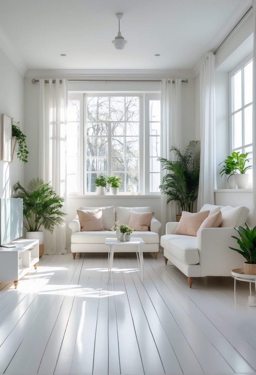 Small living room with white wooden floors, a white sofa, coffee table, and plants near large windows.