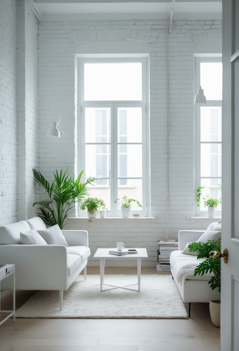 A small living room with whitewashed exposed brick walls, white furniture, wooden floor, and natural light coming through large windows.