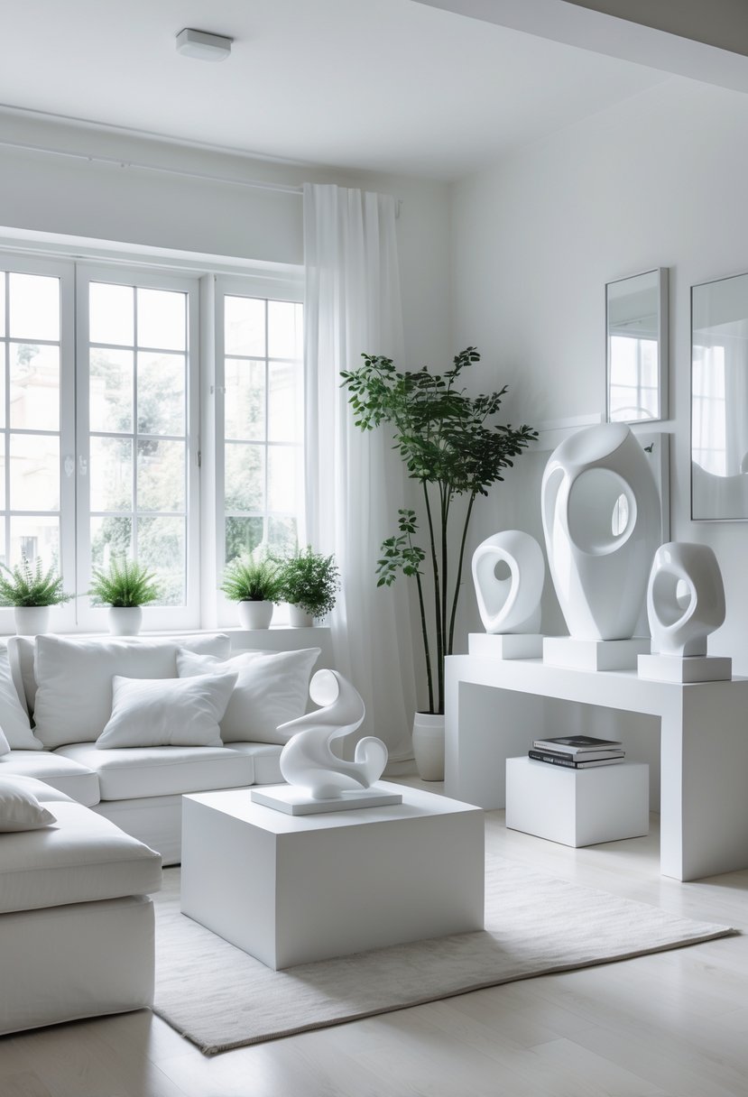 A small white living room with white furniture and abstract white sculptures displayed on shelves and tables.