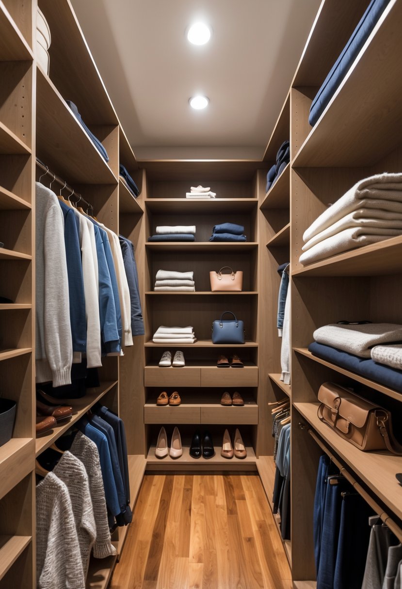 A spacious walk-in closet with custom wooden shelves holding neatly arranged clothes, shoes, and accessories.