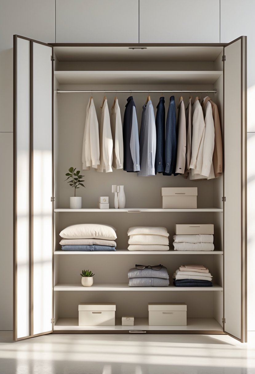 An open wardrobe with neatly organized clothes hanging and folded on shelves in a bright and spacious room.