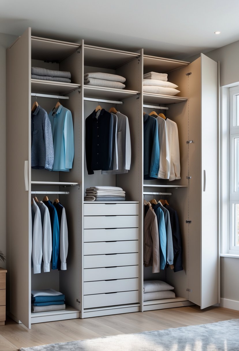 A spacious bedroom with an open modular wardrobe showing organized clothes and shelves.