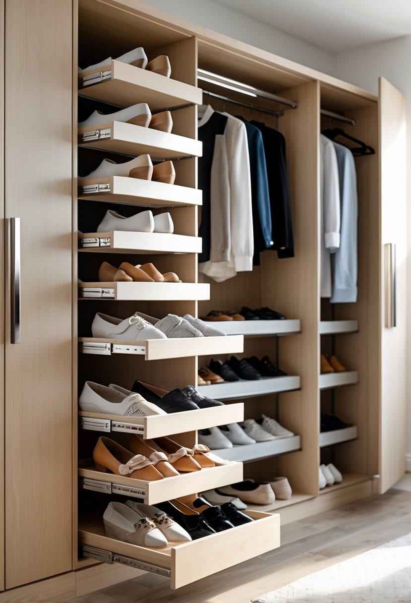 An open wardrobe with pull-out shoe racks displaying neatly organized shoes and additional compartments with clothes.