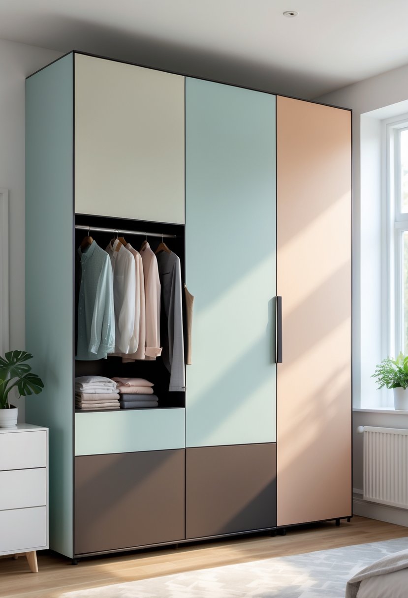 A modern wardrobe with two-tone color block design in a bright bedroom, showing open doors with neatly arranged clothes inside.