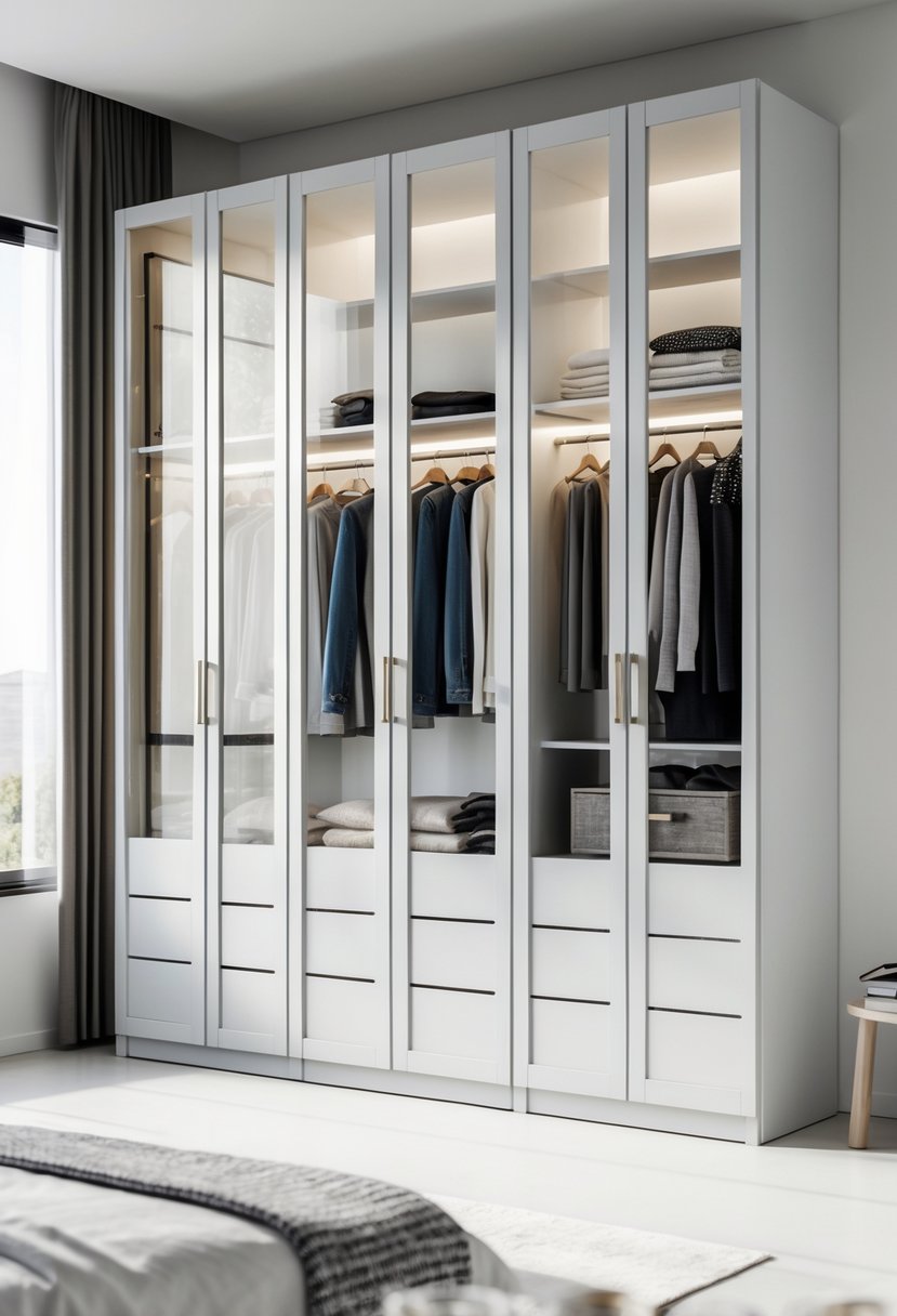 A wardrobe with glass panel doors revealing neatly organized clothes inside in a bright bedroom.