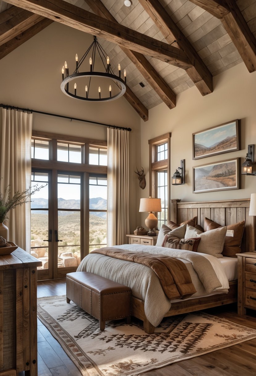 A cozy bedroom with a wooden bed, warm lighting, rustic furniture, and natural light coming through the windows.