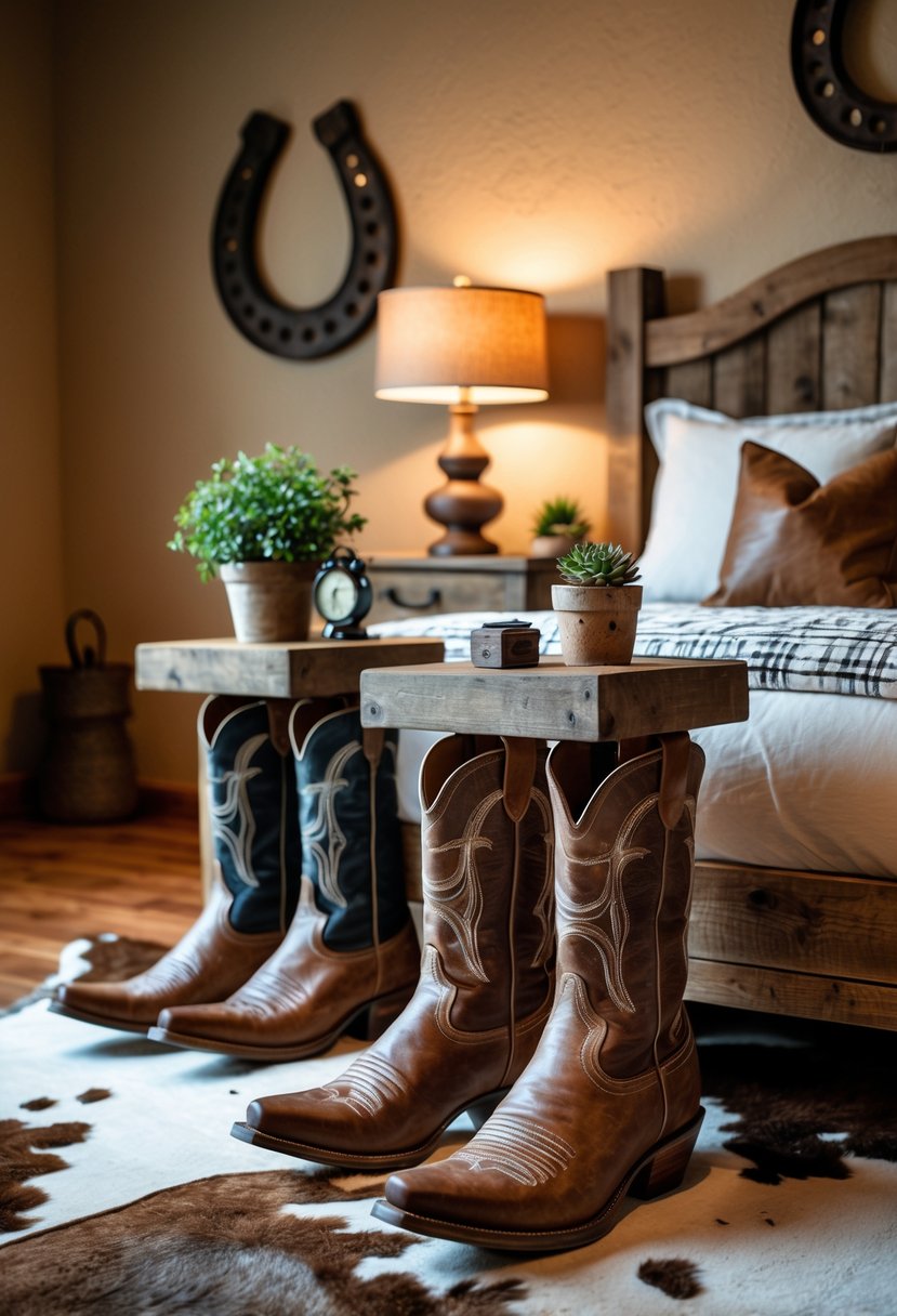 A bedroom with a wooden bed and cowboy boot nightstands on each side, decorated with a lamp and plants.