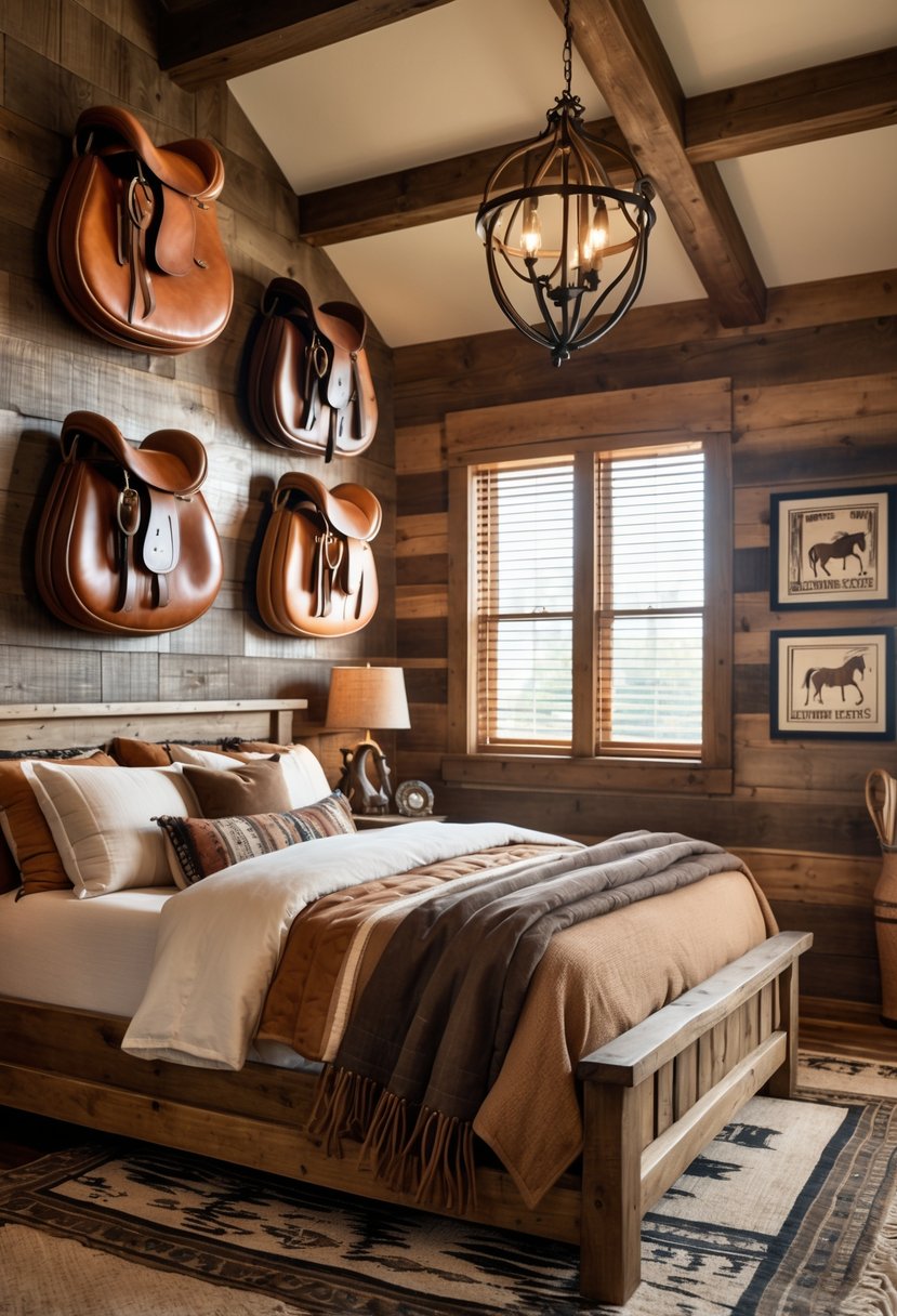 A bedroom with wooden walls, a rustic bed, and antique saddles displayed on the wall as decoration.