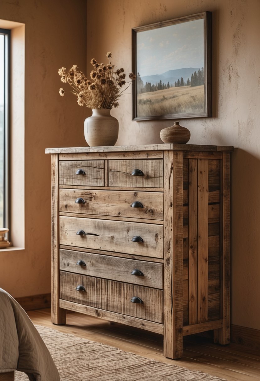 A distressed barnwood dresser in a cozy bedroom with wooden floors and a vase of dried flowers on top.