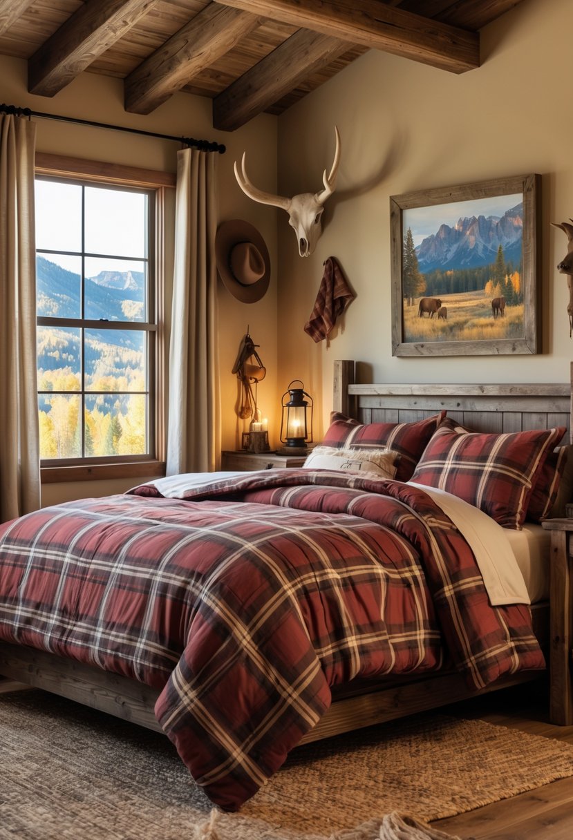 A cozy bedroom with plaid flannel bedding, wooden furniture, and rustic western decor including a cowboy hat and mounted antler.