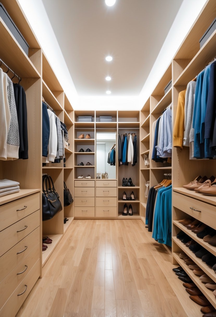 A spacious walk-in closet with shelves, hanging clothes, shoes, drawers, and a full-length mirror.