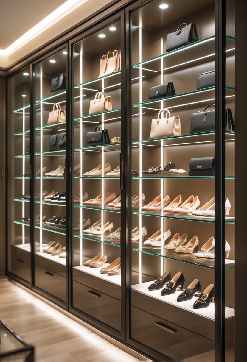 A walk-in closet with glass display cabinets lit by LED lights, showing neatly arranged shoes and handbags.