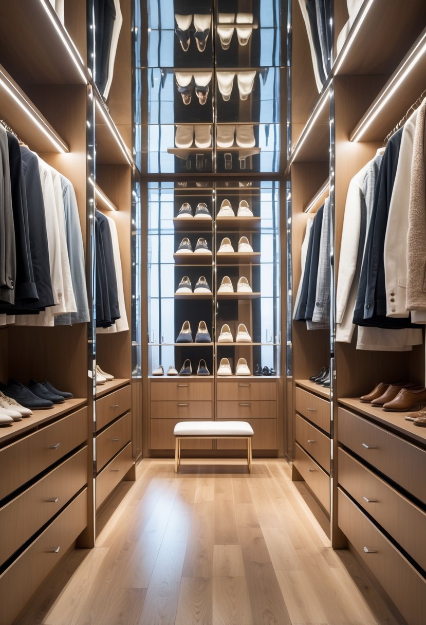 A walk-in closet with floor-to-ceiling mirror walls, wooden shelves, and clothing neatly arranged.