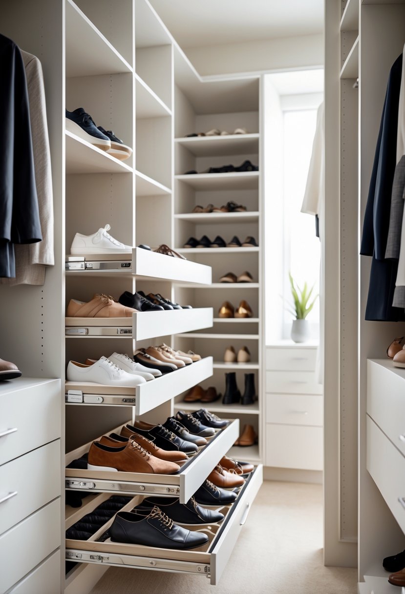 A walk-in closet with pull-out shoe racks containing neatly organized shoes separated by divider trays.