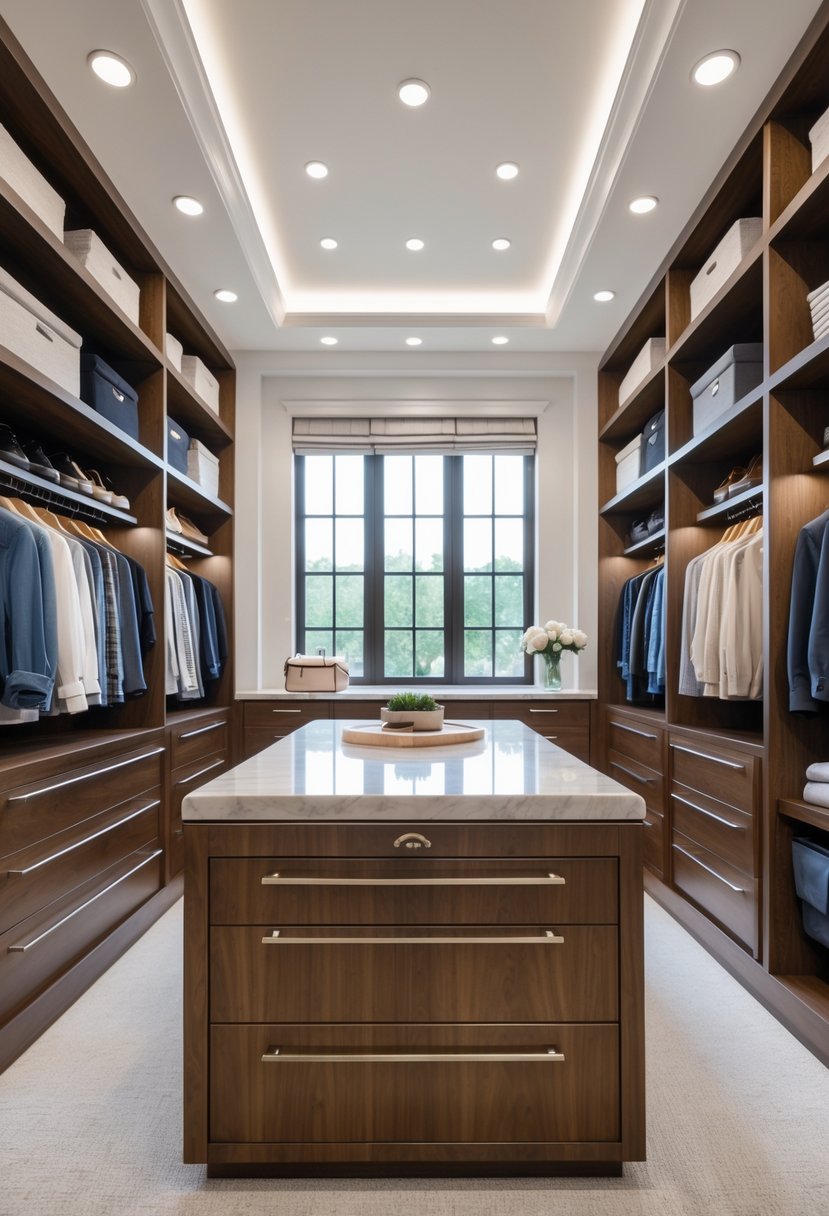 A walk-in closet with a central island featuring drawers and built-in seating, surrounded by organized shelves and hanging clothes.