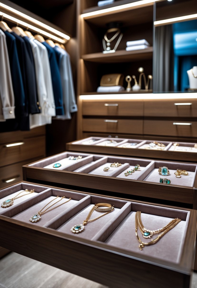 A walk-in closet with open under-cabinet velvet-lined jewelry trays displaying various jewelry pieces.