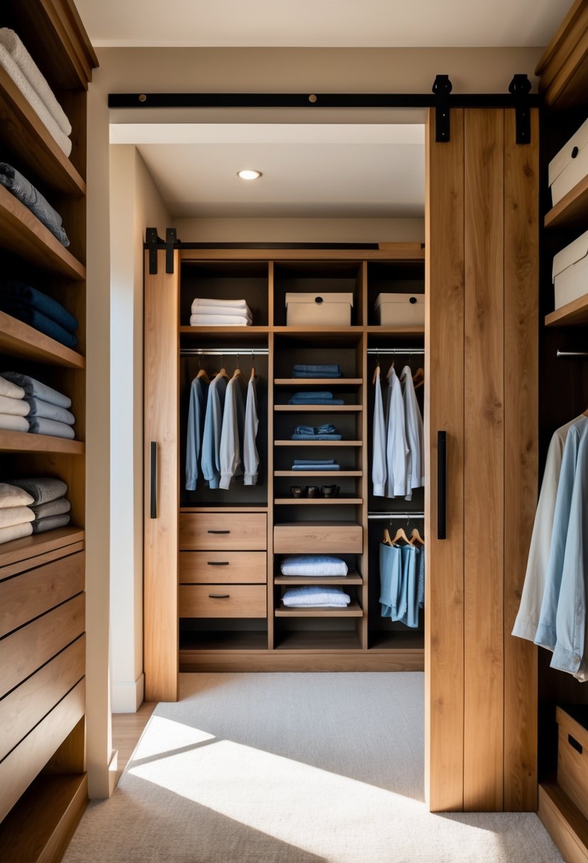 A walk-in closet with sliding barn doors partially open, showing organized clothing racks and shelves inside.