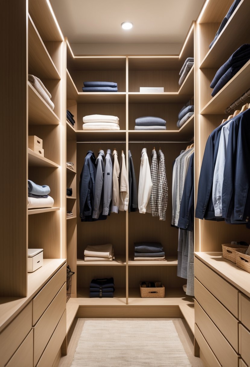 A spacious walk-in closet with double-tiered hanging rods holding neatly arranged clothes and built-in wooden shelves.