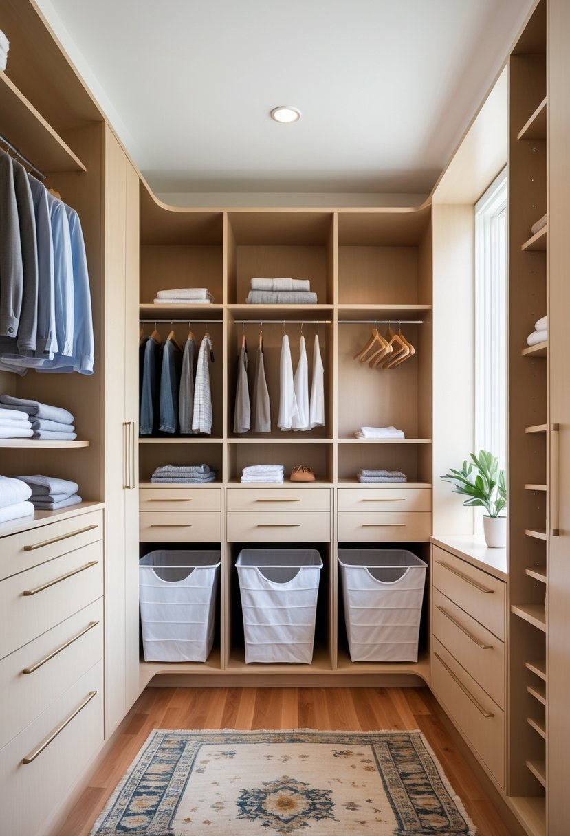 A walk-in closet with built-in cabinetry concealing hidden laundry hampers, neatly organized clothes, and soft natural lighting.