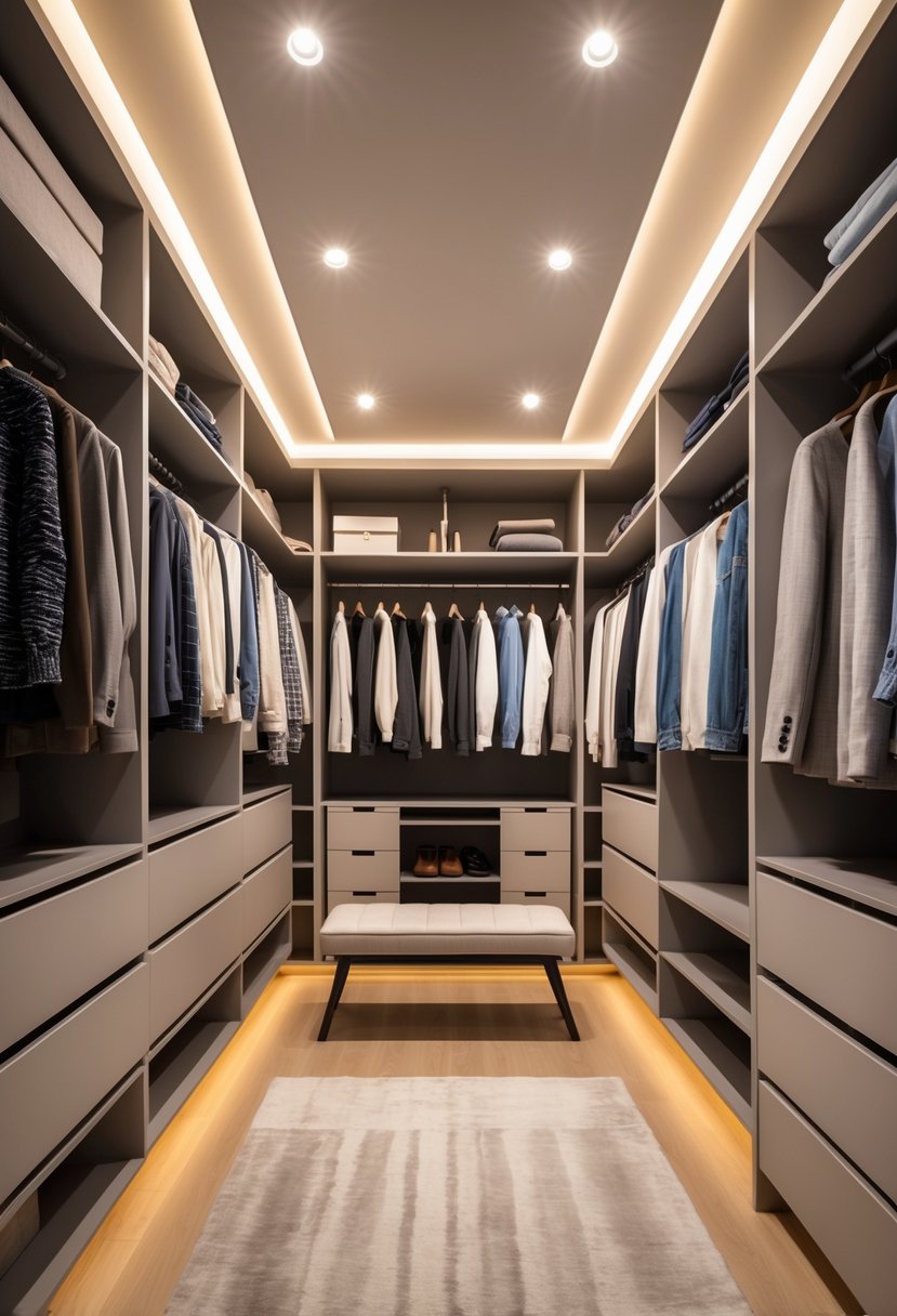 A spacious walk-in closet with recessed ceiling lights illuminating neatly arranged clothes and shelves.