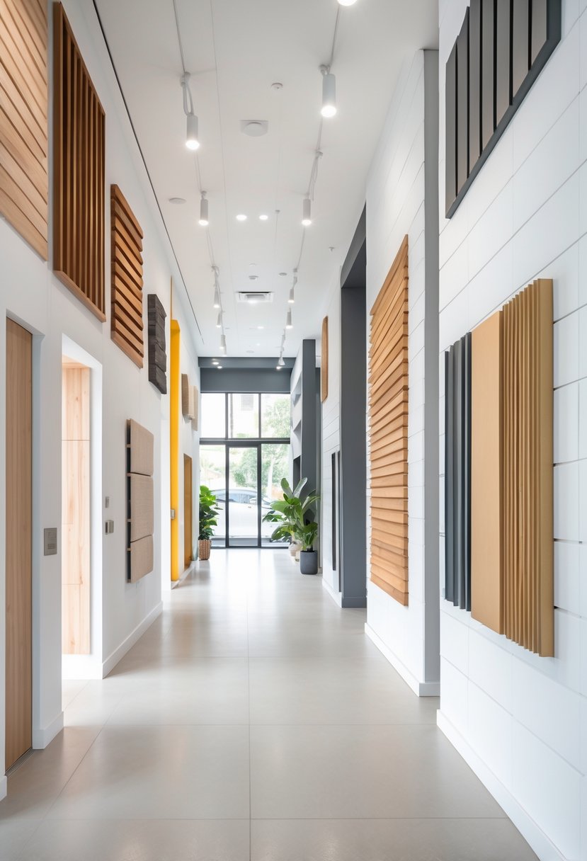 A showroom interior displaying various types of wall paneling designs side by side.
