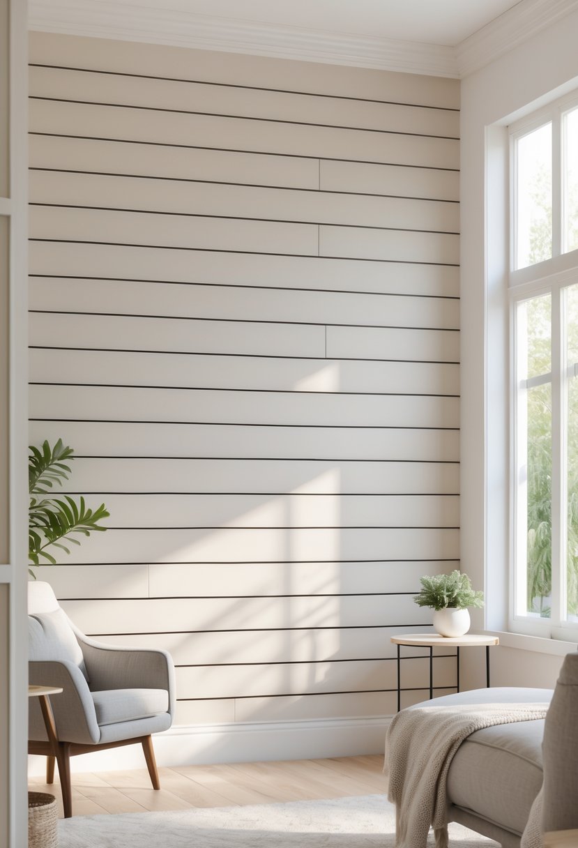 Interior view of a bright living room with a wall covered in horizontal wooden panels and simple furniture nearby.