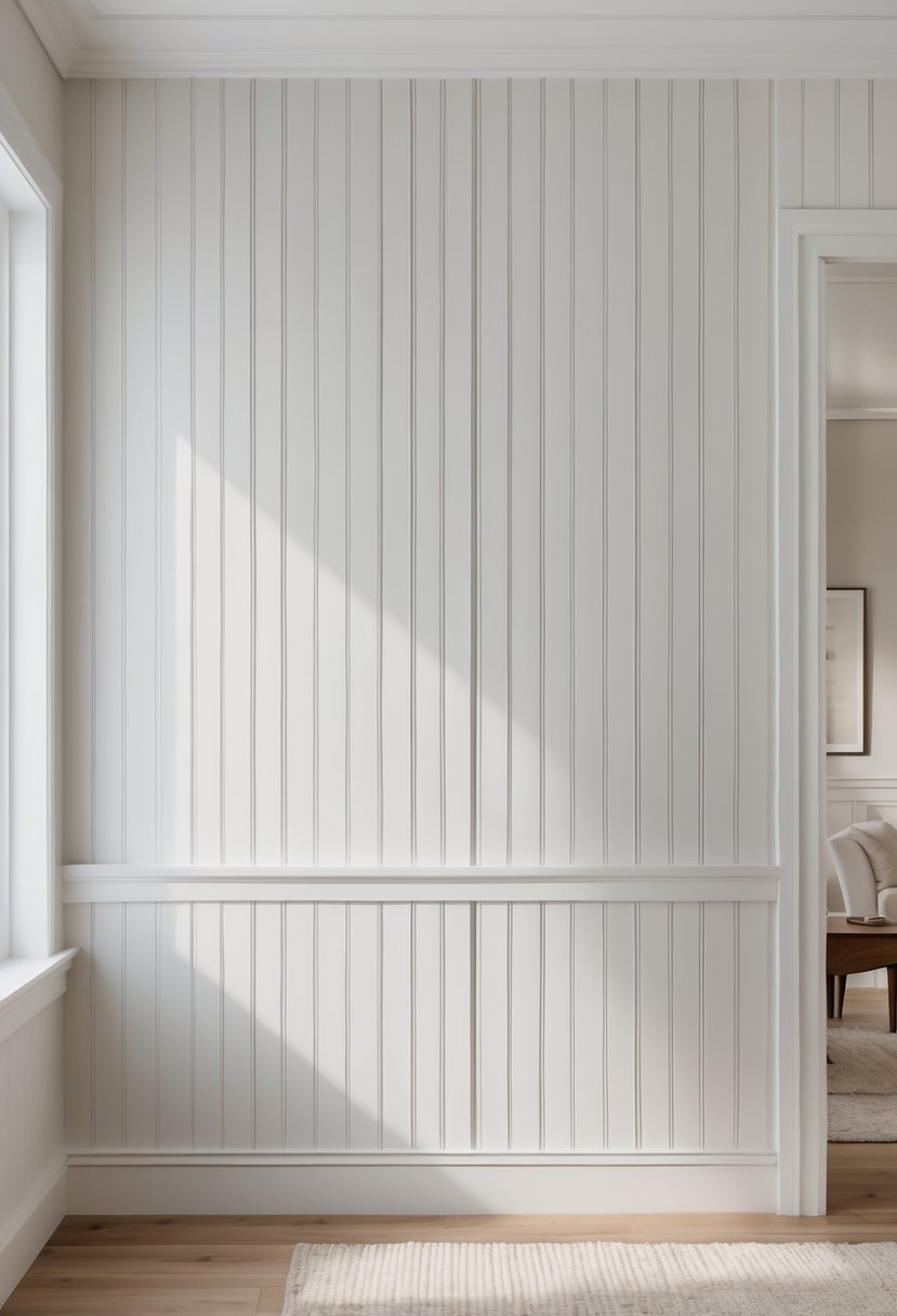 Interior room with white vertical beadboard paneling on the lower half of the wall and neutral-colored walls above, with natural light coming through a window.