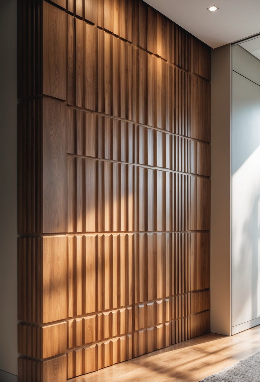 A close-up view of a wood-paneled wall with raised rectangular patterns in a well-lit interior space.