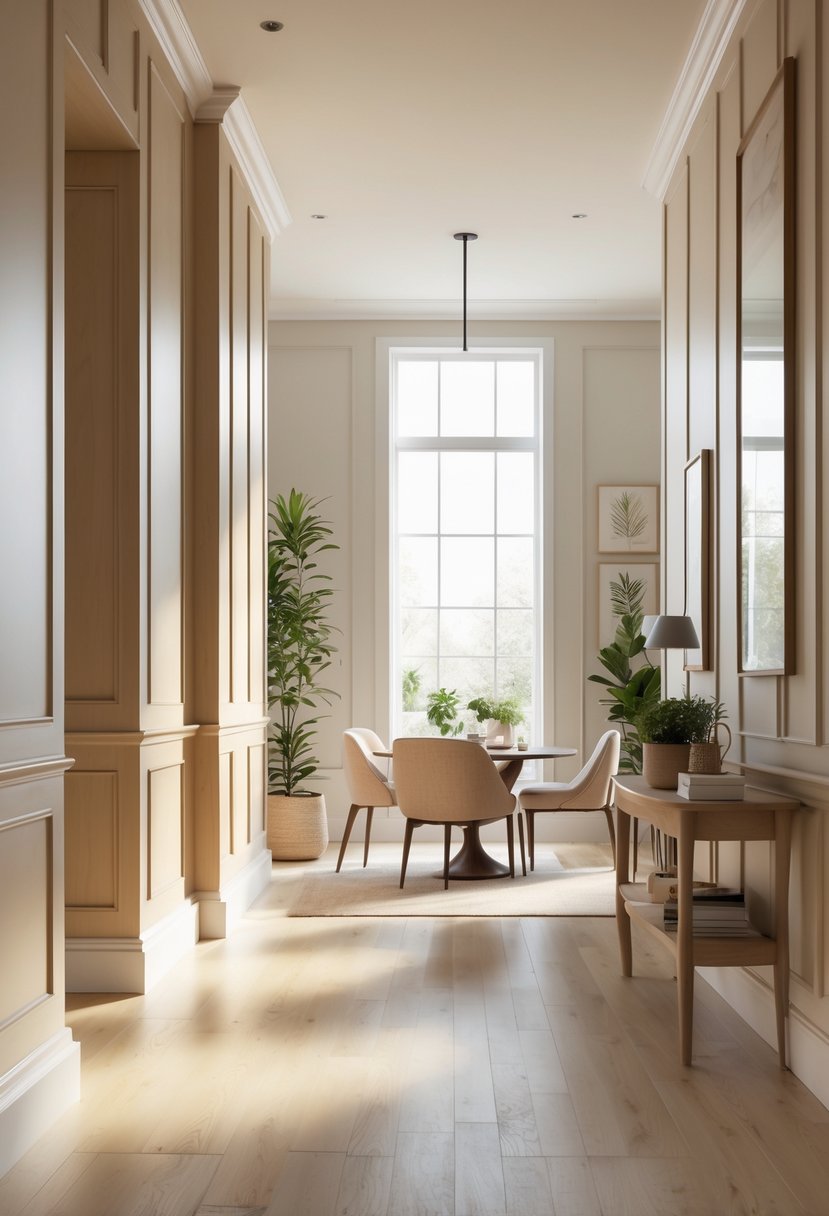 Interior room with wooden wall panels and modern furniture in natural light.