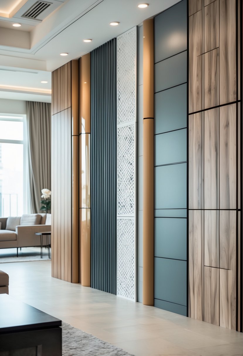 Interior room displaying various types of PVC wall panels arranged on different walls with natural lighting.