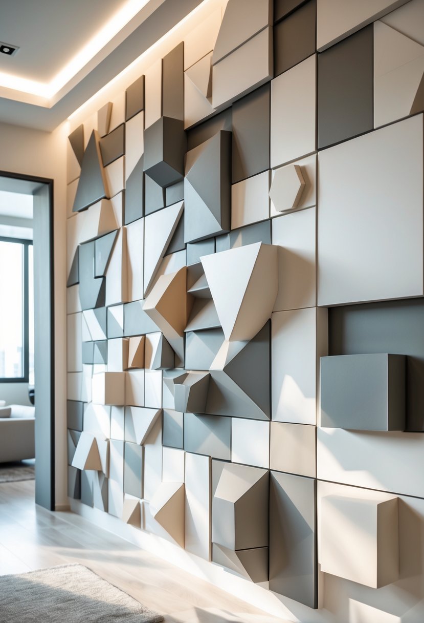 A modern interior wall decorated with various three-dimensional geometric panels in neutral colors, creating a textured and patterned surface.