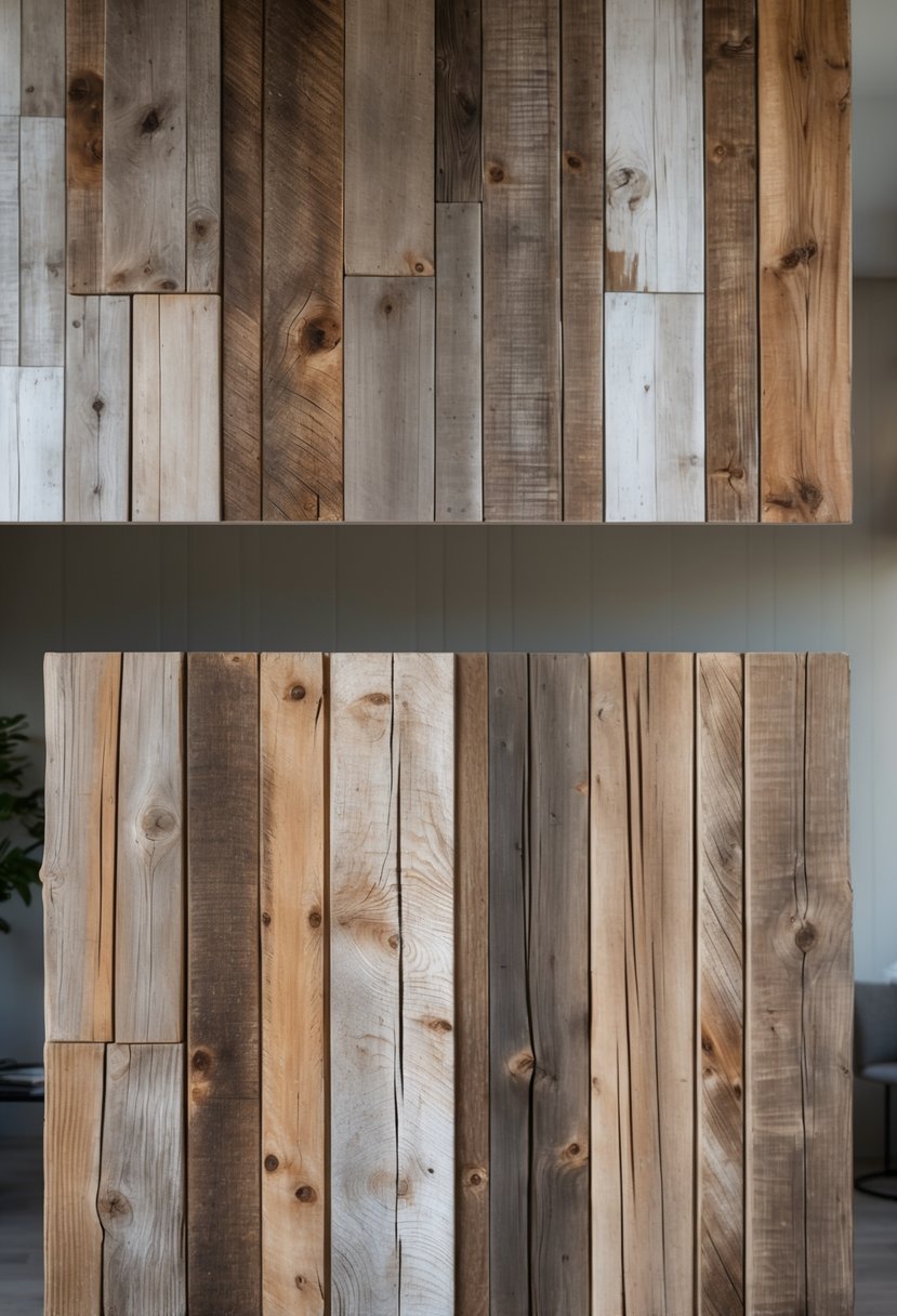 Interior wall featuring various reclaimed wood panels with different textures and colors.