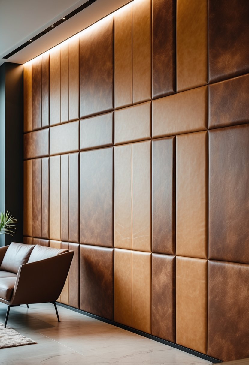 Interior wall covered with brown leather panels arranged in a geometric pattern in a modern room with furniture and soft lighting.