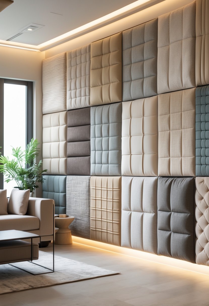 Interior room with fabric-covered wall panels in various textures and colors, featuring modern furniture and soft lighting.