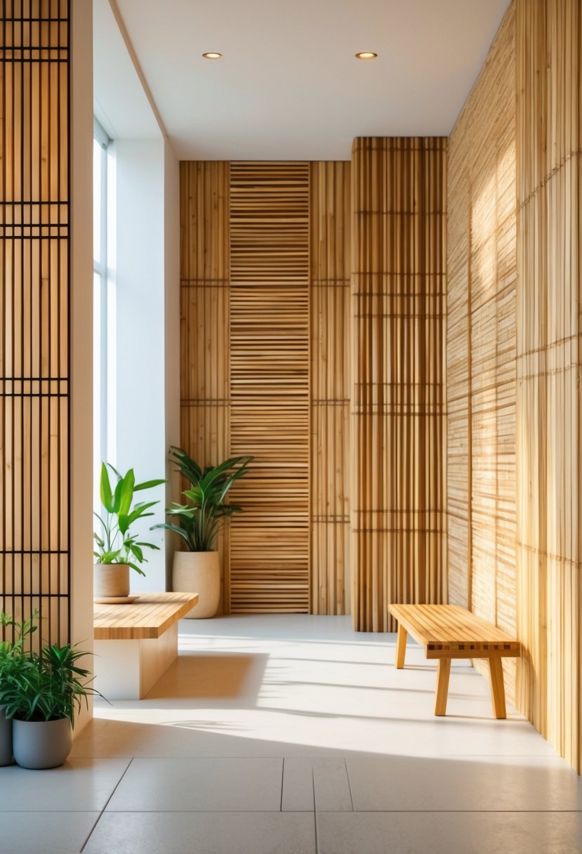 Interior room with different styles of bamboo wall panels and minimal furniture.