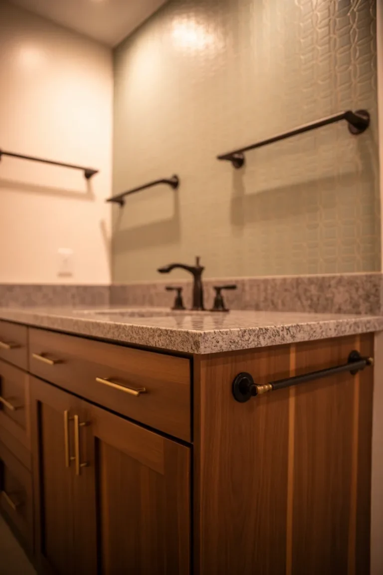 Basement bathroom ideas combining wood, stone, metal, and patterned wallpaper to create depth and a modern yet warm feel.