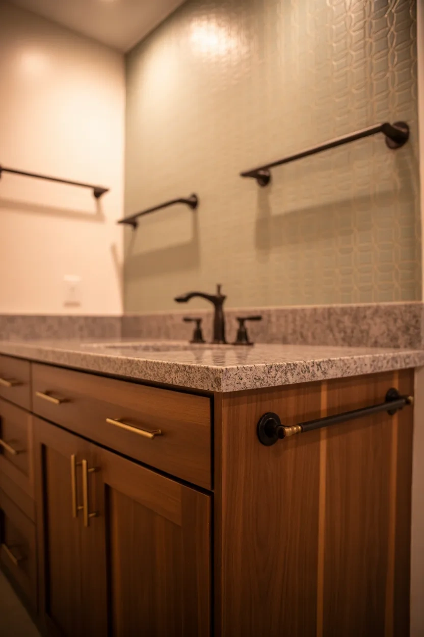 Basement bathroom ideas combining wood, stone, metal, and patterned wallpaper to create depth and a modern yet warm feel.