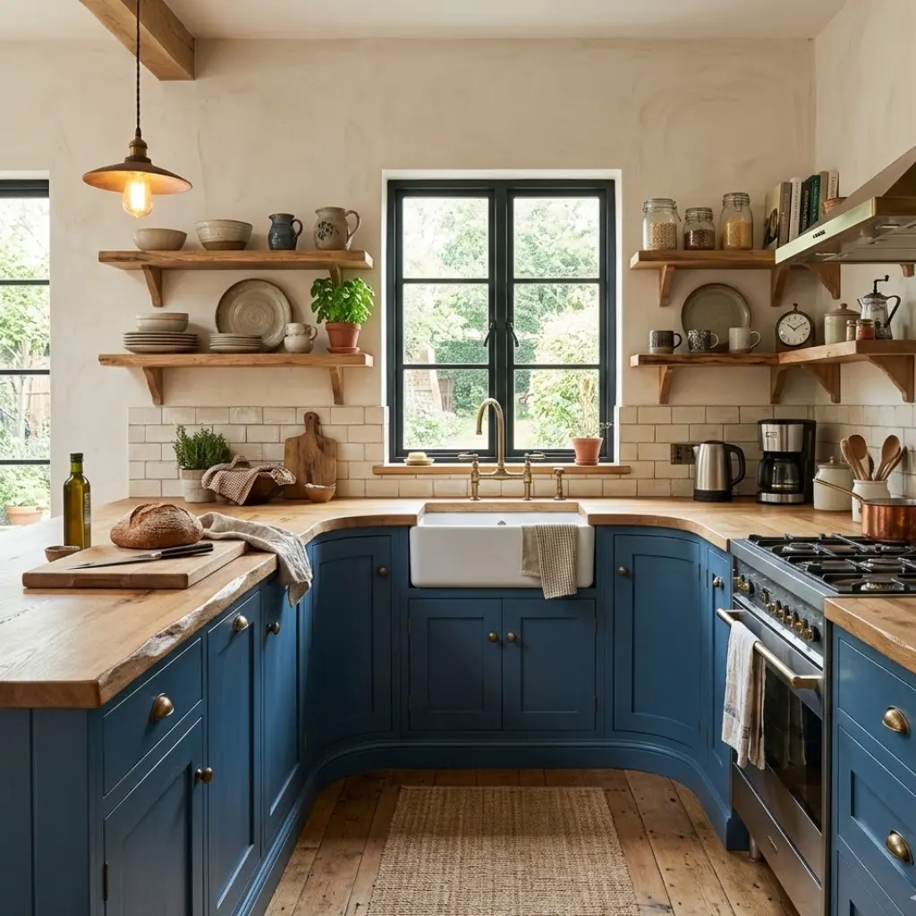 Blue kitchen cabinets combined with natural wood elements for a warm modern kitchen.
