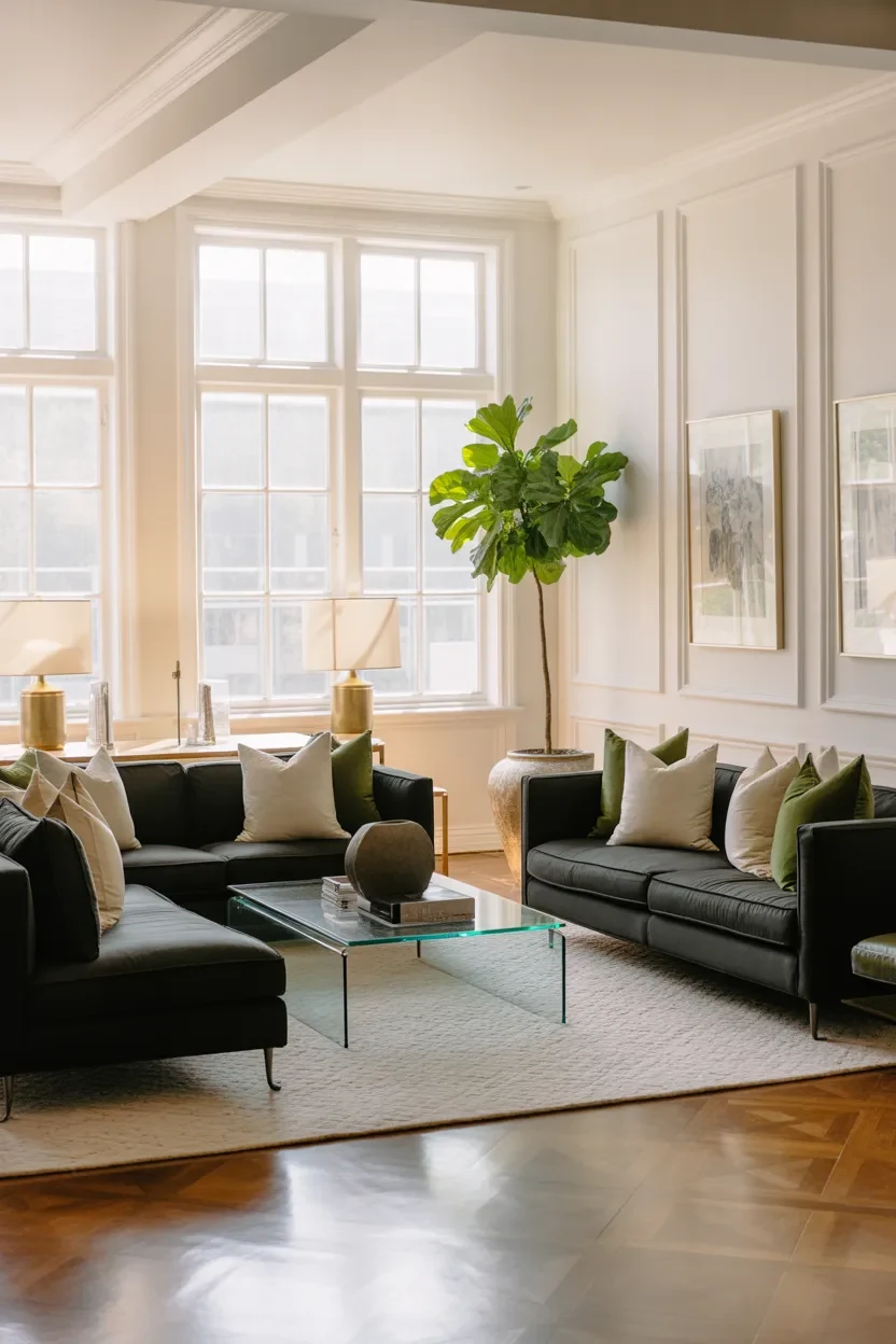 Final decorated living room with balanced furniture, lighting, decor, and a polished cozy look.