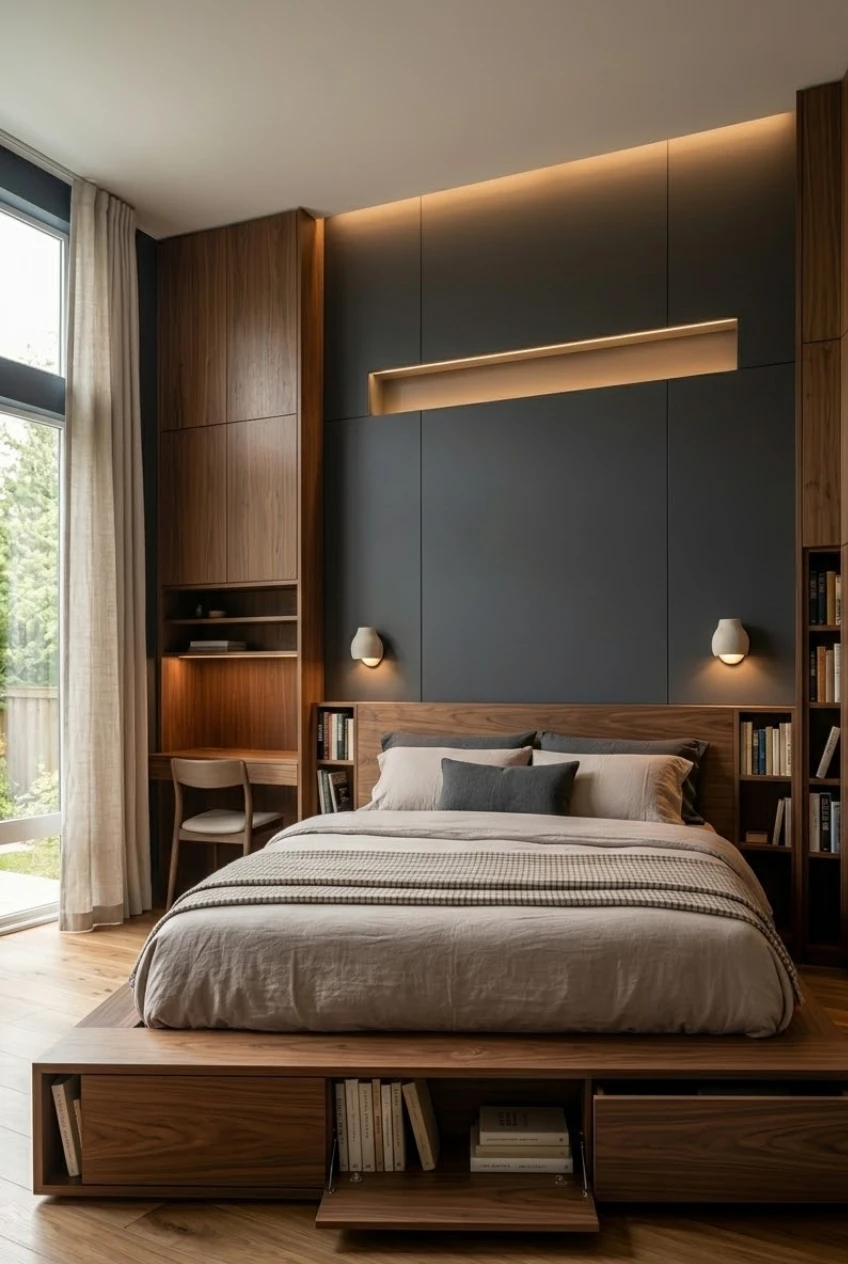 Hidden bookshelf storage in minimalist bedroom with concealed book organization.