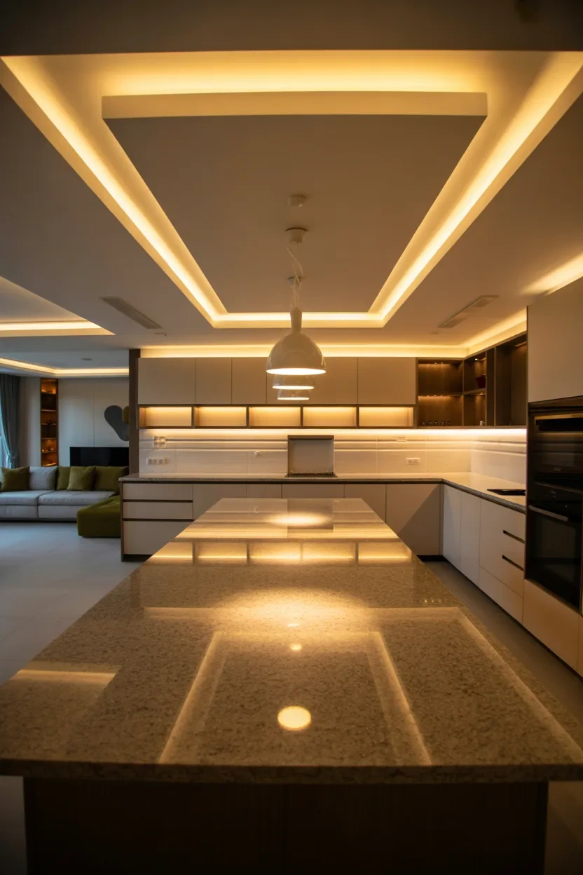Layered lighting in an open kitchen and living room creating a visually connected warm atmosphere@2k