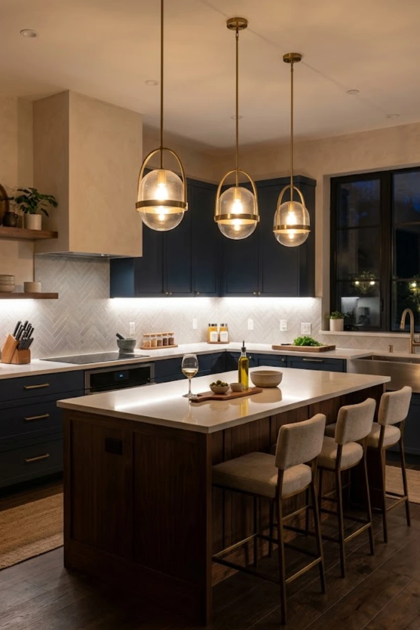 Modern kitchen makeover ideas with pendant lights above the island and under-cabinet LED strips for a warm glow.