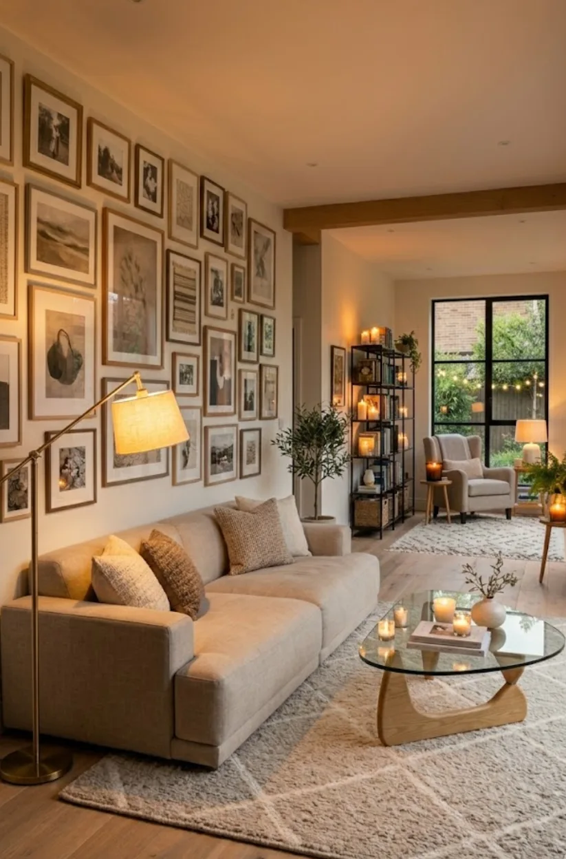 LONG living room IDEAS with a gallery wall of framed art, low sofa, and stylish decor