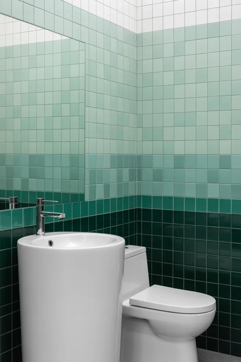 Ombre green tile bathroom IDEAS wall transitioning from light to dark green, offering a subtle yet dramatic effect.