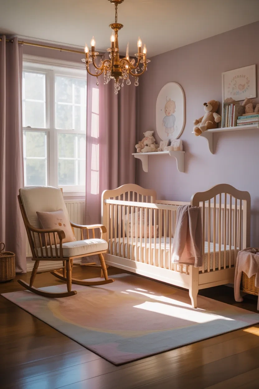 Vintage Nursery Ideas chandelier lighting a cozy nursery with rocking chair and crib