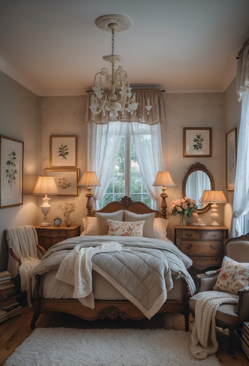 A cozy bedroom with a wooden bed, bedside tables with lamps, a vanity mirror, framed pictures on the wall, and soft natural light coming through the window.